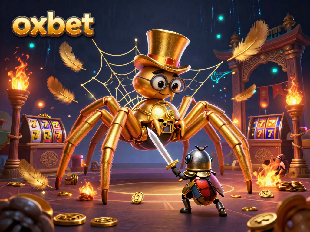 Experience the vibrant world of Oxbet with a golden tarantula and a beetle knight surrounded by dynamic casino symbols.