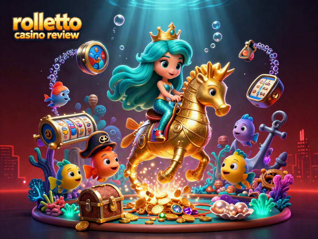Experience the excitement of rolletto casino review in a vibrant 3D underwater scene filled with casino treasures.