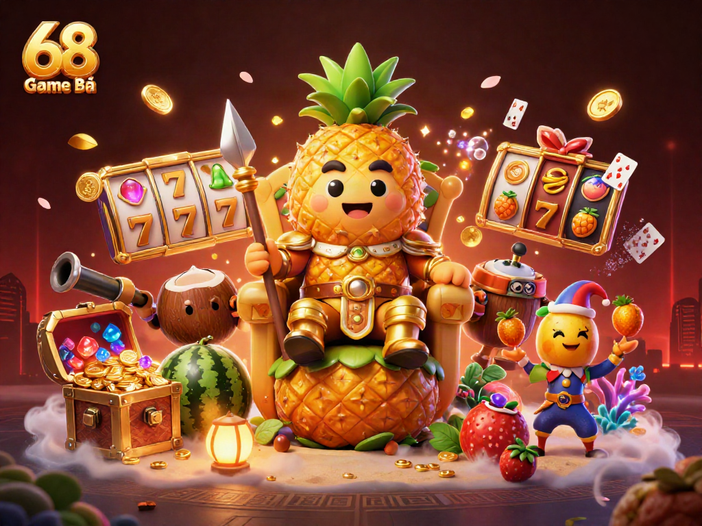 Experience the excitement of 68 Game Bài with a golden pineapple king and dynamic casino elements.