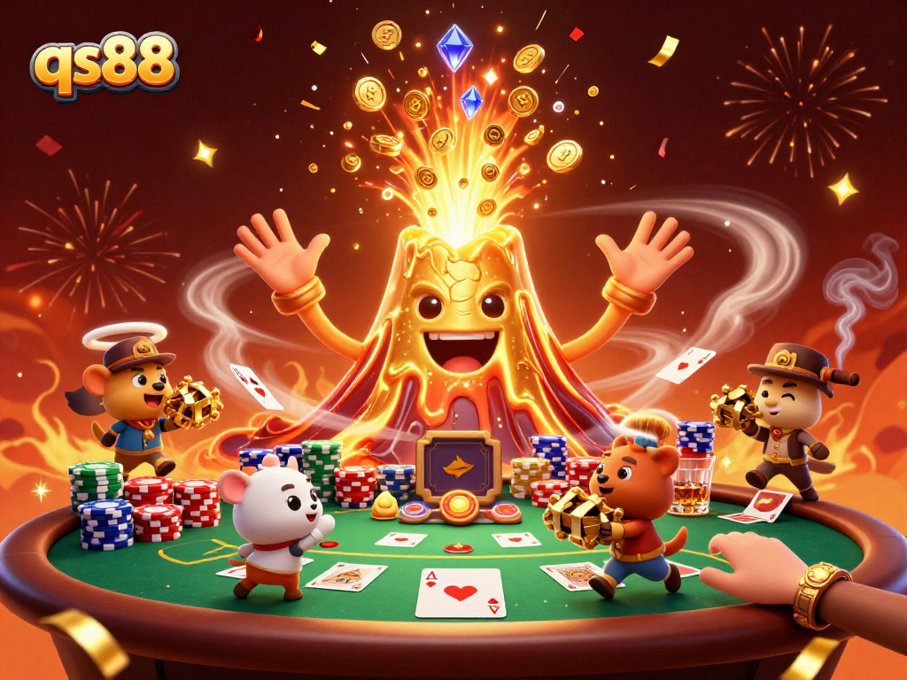 Experience thrilling action at qs88 with a triumphant volcano, poker table, and cascading treasure.
