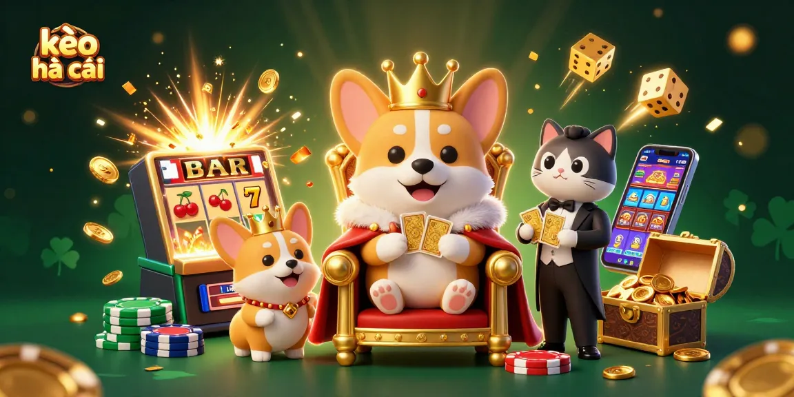 Experience the excitement of kèo nhà cái as royal corgis and a butler present golden card decks amidst casino-themed splendor.