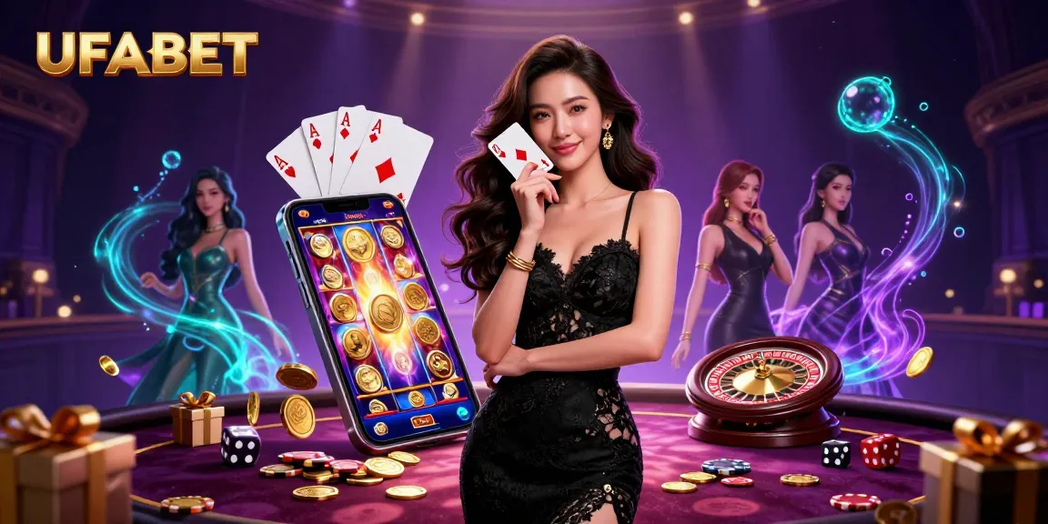 Experience UFABET's dynamic casino atmosphere with an elegant woman holding playing cards amidst rich visuals.