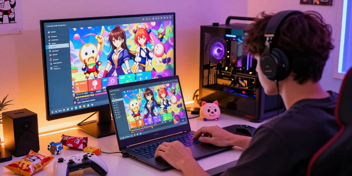 Engaging scene of a gamer playing a free ecchi game on a laptop, surrounded by colorful fantasy artwork and gaming collectibles.