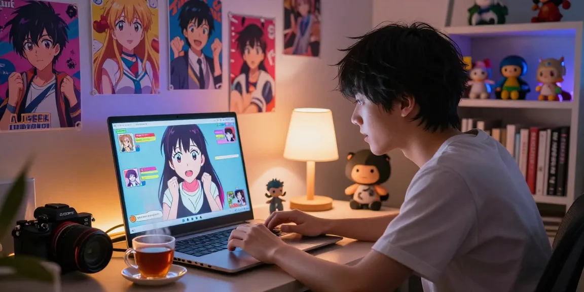 Engaging in ecchi chat with animated characters in a cozy anime room.