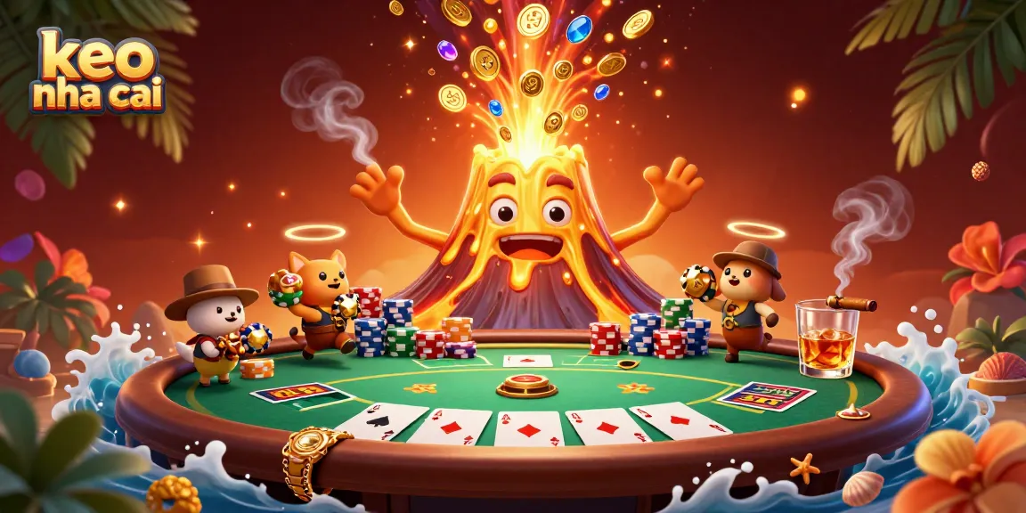 Engage with keo nha cai as a golden volcano erupts treasure amidst dynamic poker elements.
