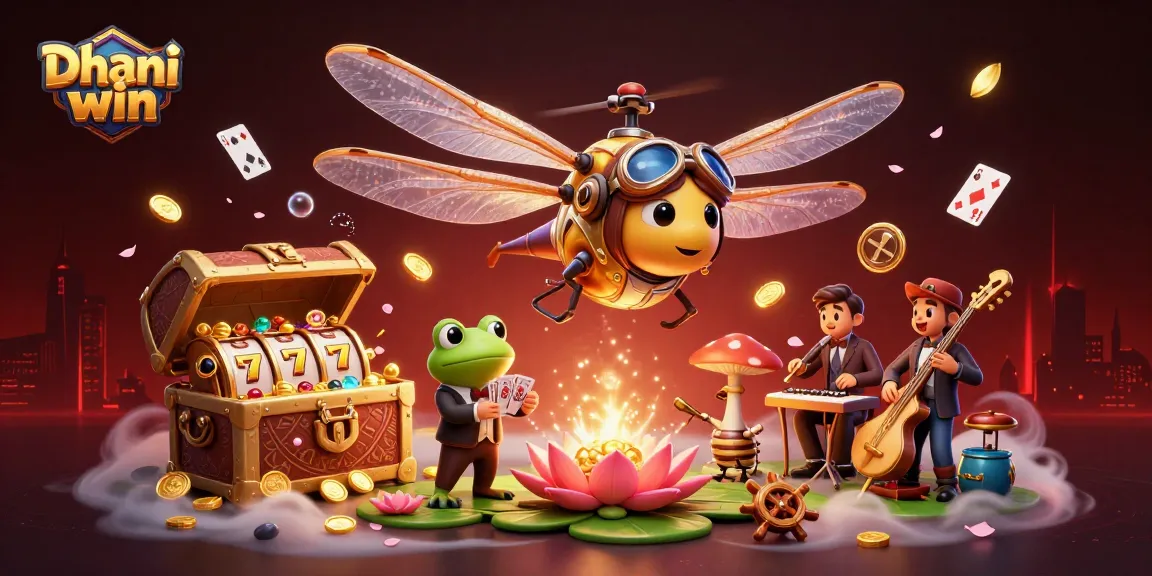 Dhani win users engage in fun with a colorful dragonfly pilot and casino games scene.