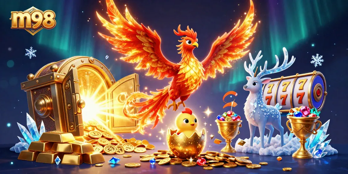 Experience the thrill of m98 with a vibrant 3D casino scene featuring a fire phoenix and treasures.