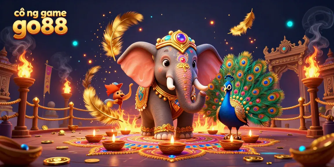 Experience cổng game go88 with a vibrant Diwali-themed elephant amidst a dynamic casino scene.