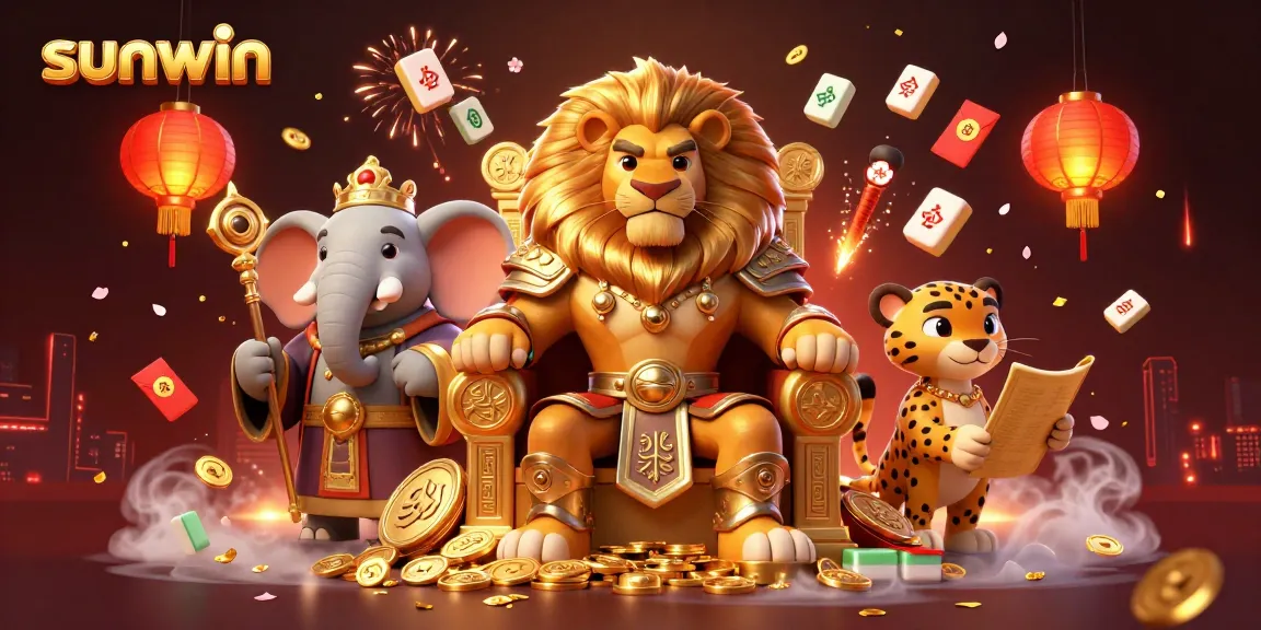 Experience excitement at sunwin with a lion king and a wise elephant in a 3D casino scene.