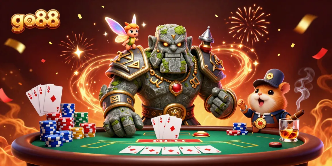 Experience thrilling poker action with go88, featuring a magical golem and friends in an exciting scene.